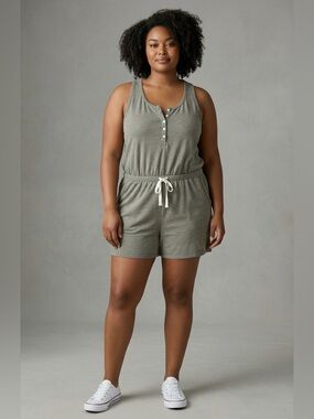 FarWest Henley Romper Made In Canada | Green Sleeveless Short Romper Size L